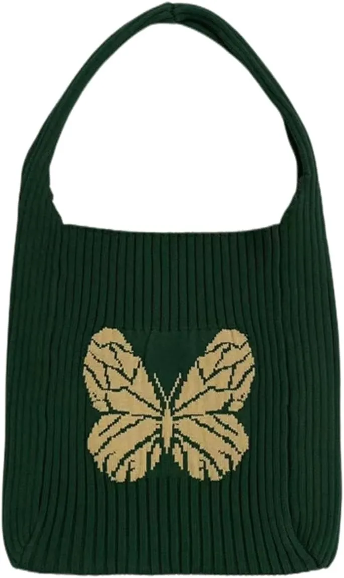 Slouchy Crochet Tote Bag Women Knit Hobo Bags Butterfly Shoulder Bag Trendy CrossBody Purse Knitted Travel Satchels Handbag