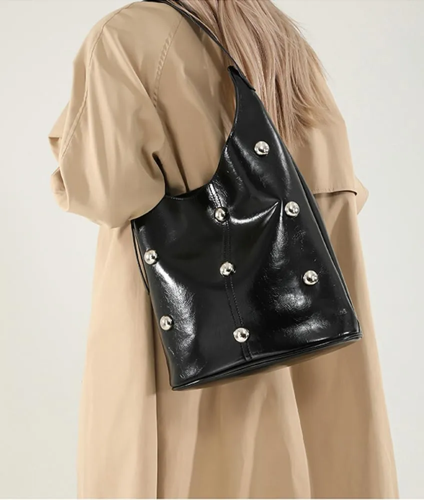 Slouchy PU Leather Hobo Bags Women Trendy Shoulder Bag Crescent Crossbody Phone Purse Cute Rivet Satchels Tote Handbag