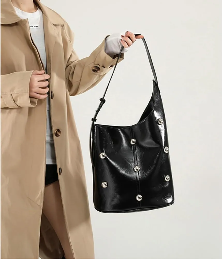 Slouchy PU Leather Hobo Bags Women Trendy Shoulder Bag Crescent Crossbody Phone Purse Cute Rivet Satchels Tote Handbag