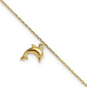 Solid 14k Yellow Gold Dolphin Charm 1 inch Extension Anklet 10"