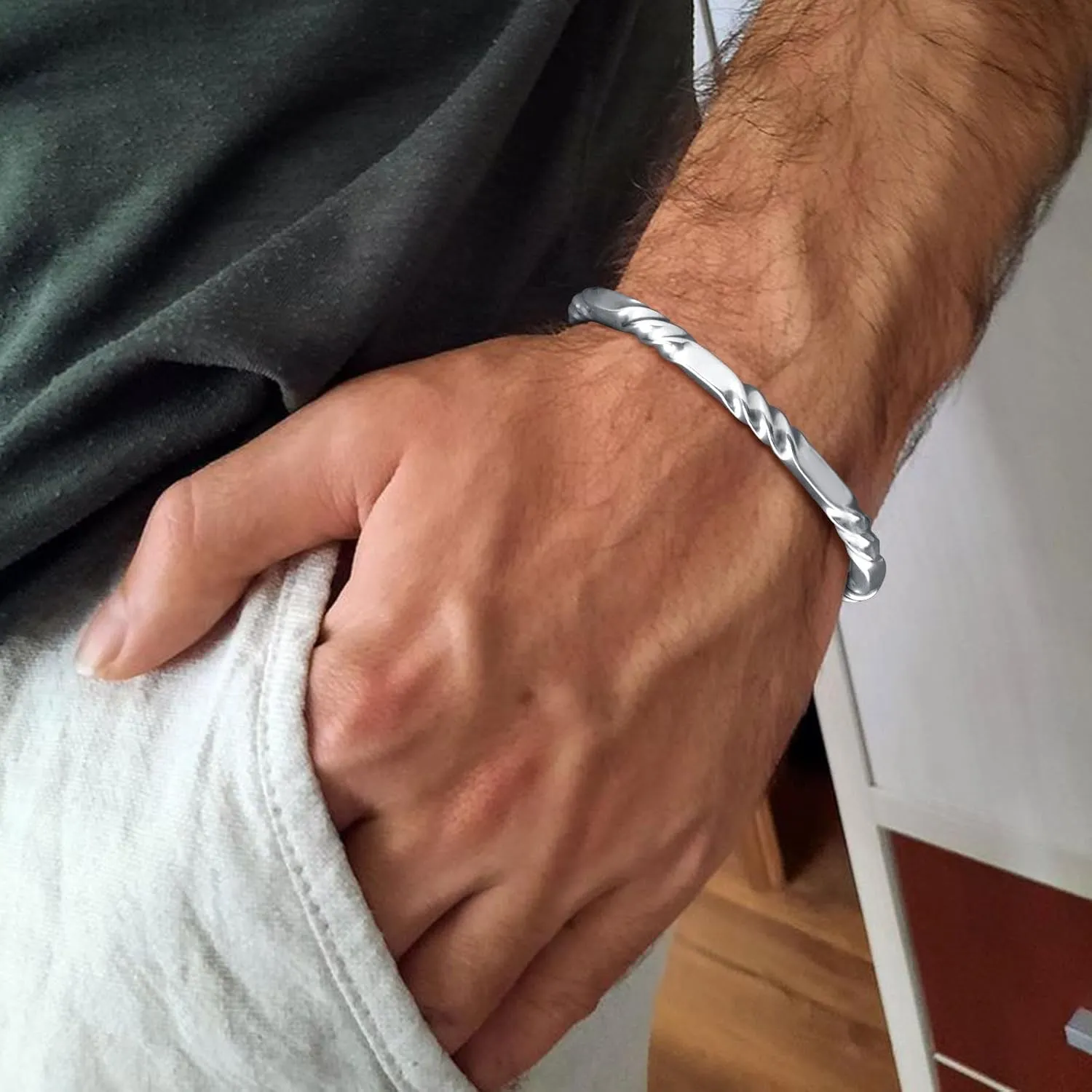 Stainless Steel Mens Cuff Bracelet, Minimal Twist Cool Antique Retro/Silver/Black Open Metal Cuff Bangle Bracelets for Men, 65mm