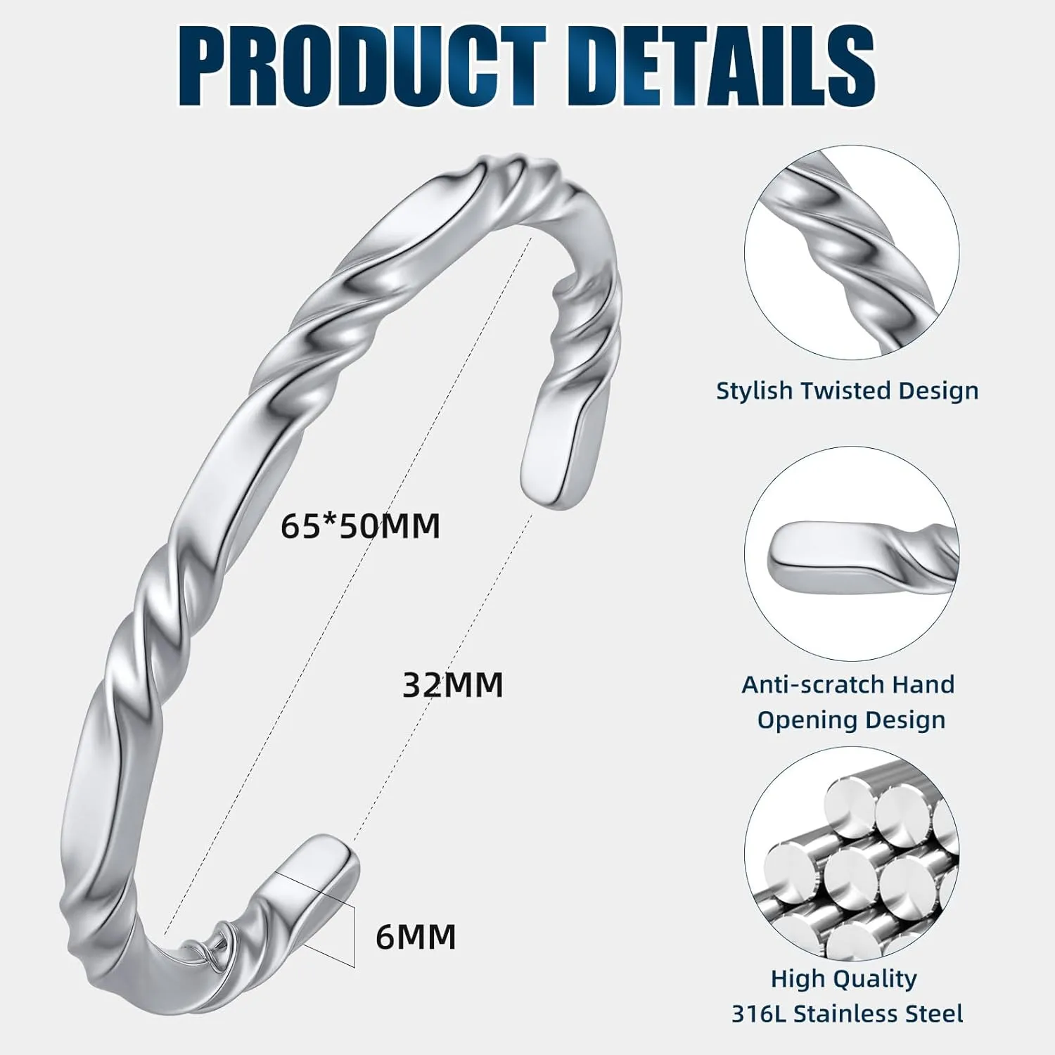 Stainless Steel Mens Cuff Bracelet, Minimal Twist Cool Antique Retro/Silver/Black Open Metal Cuff Bangle Bracelets for Men, 65mm