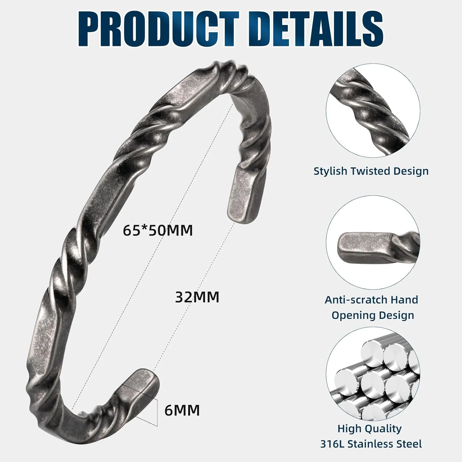 Stainless Steel Mens Cuff Bracelet, Minimal Twist Cool Antique Retro/Silver/Black Open Metal Cuff Bangle Bracelets for Men, 65mm