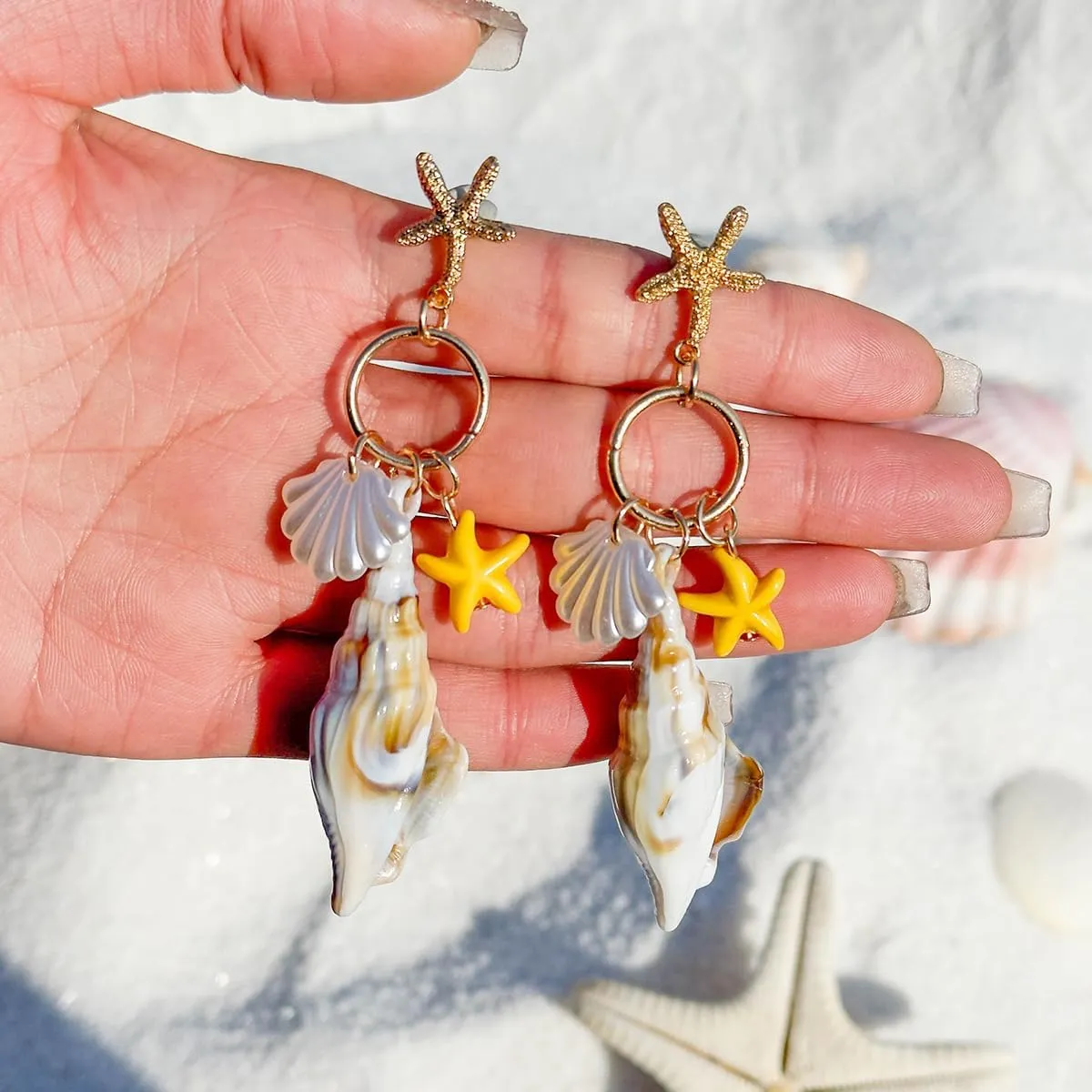 Starfish Earrings Gold Beach Jewelry for Women Pink Conch Shell Earrings Puka Cowrie Seashell Earring Summer Vacation Earring Ocean Jewelry
