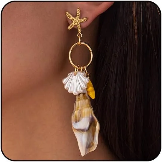 Starfish Earrings Gold Beach Jewelry for Women Pink Conch Shell Earrings Puka Cowrie Seashell Earring Summer Vacation Earring Ocean Jewelry