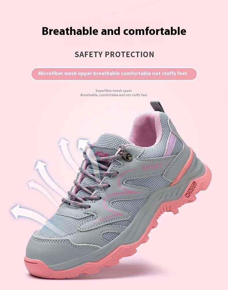Steel Toe Shoes for Women - Comfortable & Puncture-Resistant Safety Shoes Lightweight Breathable Grey and Pink