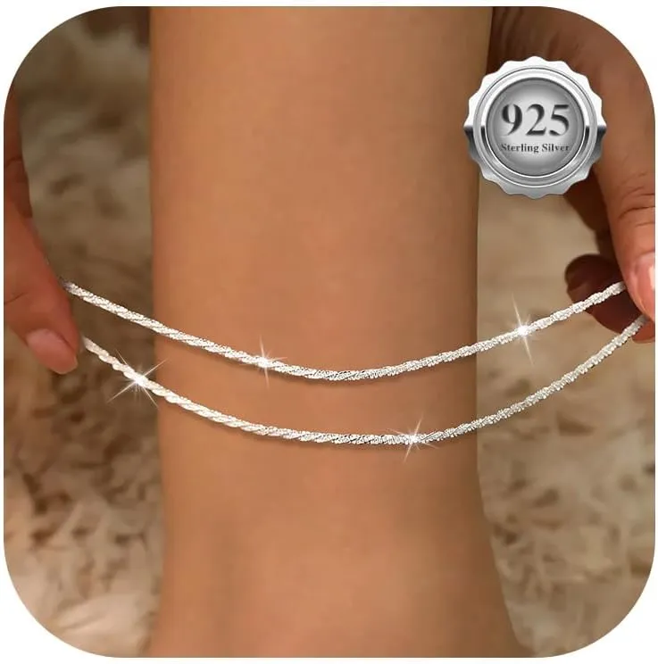 Sterling Silver Ankle Bracelets for Women,Gold Dainty Layered Waterproof Anklet for Women Adjustable, Womens Anklet Set Stackable Plus Size