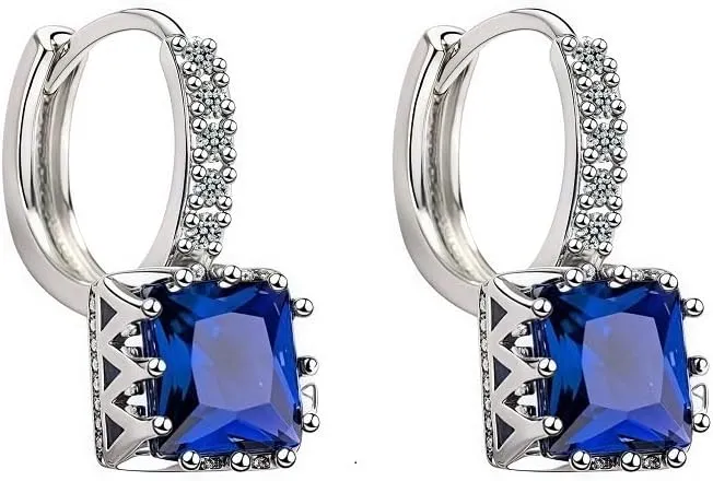 Sterling Silver Plated Square Crystal Accents Drop Earrings, Huggie Hoops with Cubic Zirconia