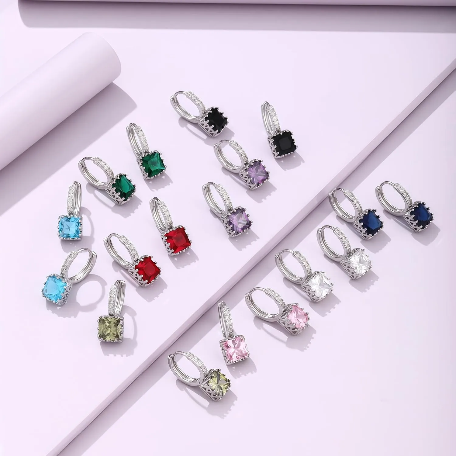 Sterling Silver Plated Square Crystal Accents Drop Earrings, Huggie Hoops with Cubic Zirconia