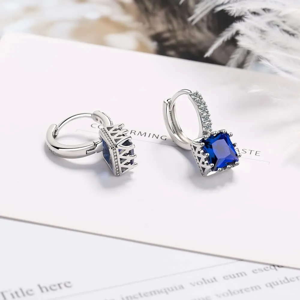 Sterling Silver Plated Square Crystal Accents Drop Earrings, Huggie Hoops with Cubic Zirconia