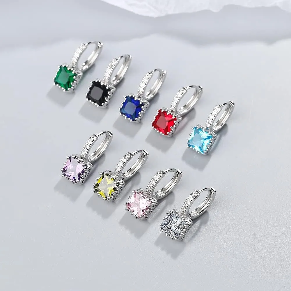 Sterling Silver Plated Square Crystal Accents Drop Earrings, Huggie Hoops with Cubic Zirconia
