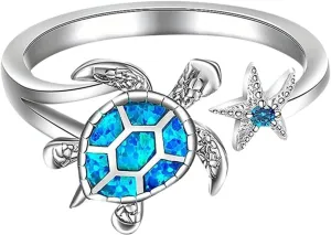 Sterling Silver Turtle Ring Starfish Blue Opal Rings Adjustable Band Sea Turtle Jewelry Longevity Gifts Statement Rings for Women