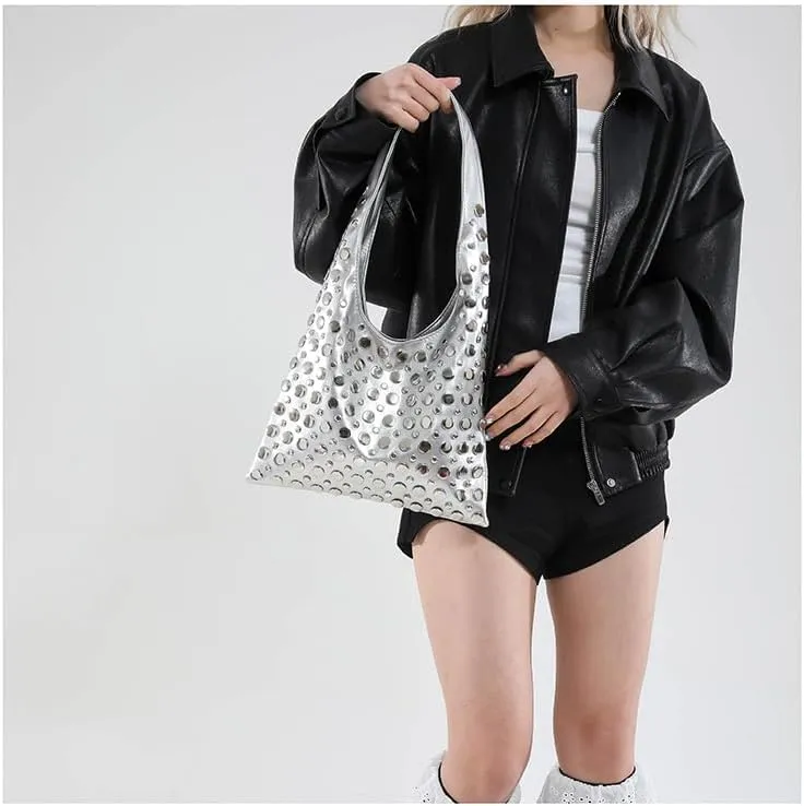 Studded Shoulder Bag for Women PU Leather Tote Bag Rivet Hobo Handbag Retro Underarm Satchels Purse