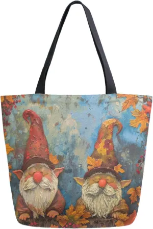 Stylish Extra Large Shoulder Grocery Tote Bag, Autumn Leaves Couple Gnomes Painting Canvas Daily Handle Bag for Gym Weekender Beach Travel Kitchen Reusable Market Shopping
