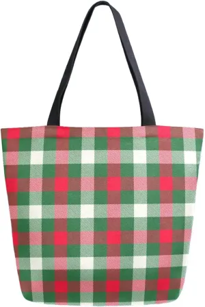 Stylish Extra Large Shoulder Grocery Tote Bag, Green Red White Plaid Christmas Canvas Daily Handle Bag for Gym Yoga Weekender Beach Travel Picnic Kitchen Reusable Market Shopping
