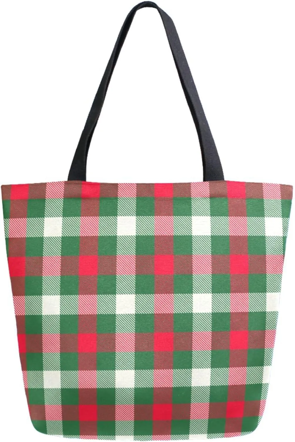 Stylish Extra Large Shoulder Grocery Tote Bag, Green Red White Plaid Christmas Canvas Daily Handle Bag for Gym Yoga Weekender Beach Travel Picnic Kitchen Reusable Market Shopping