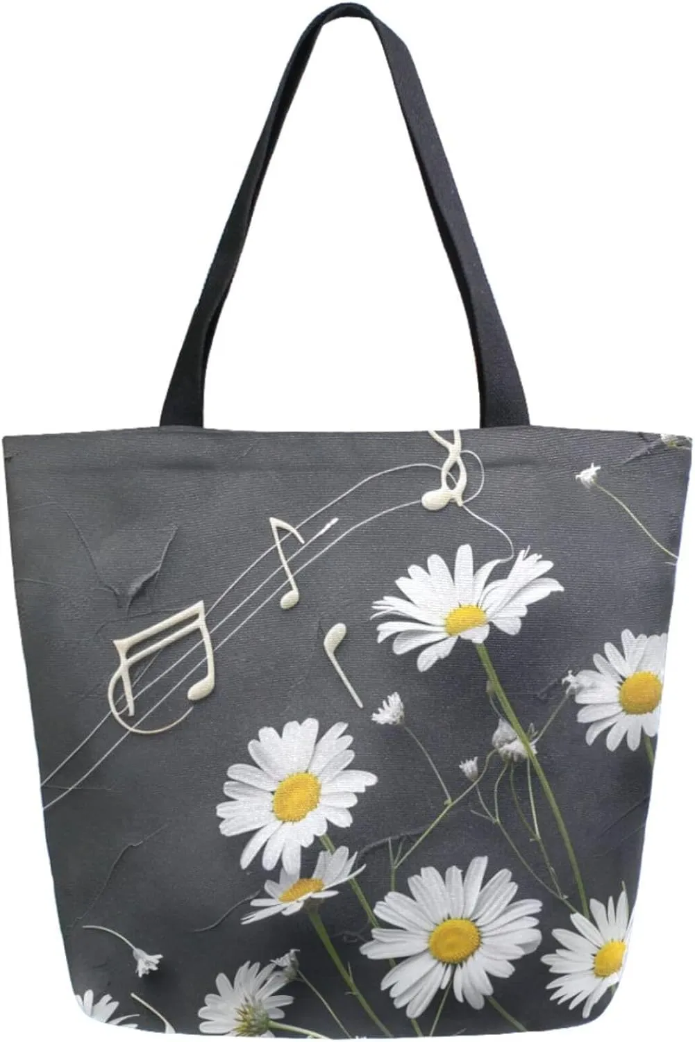 Stylish Extra Large Shoulder Grocery Tote Bag, White Daisy and Musical Note Black Canvas Daily Handle Bag for Gym Weekender Beach Travel Kitchen Reusable Market Shopping