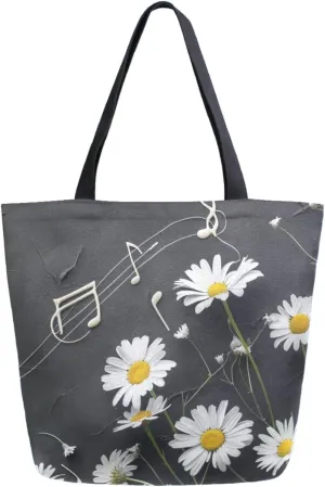 Stylish Extra Large Shoulder Grocery Tote Bag, White Daisy and Musical Note Black Canvas Daily Handle Bag for Gym Weekender Beach Travel Kitchen Reusable Market Shopping