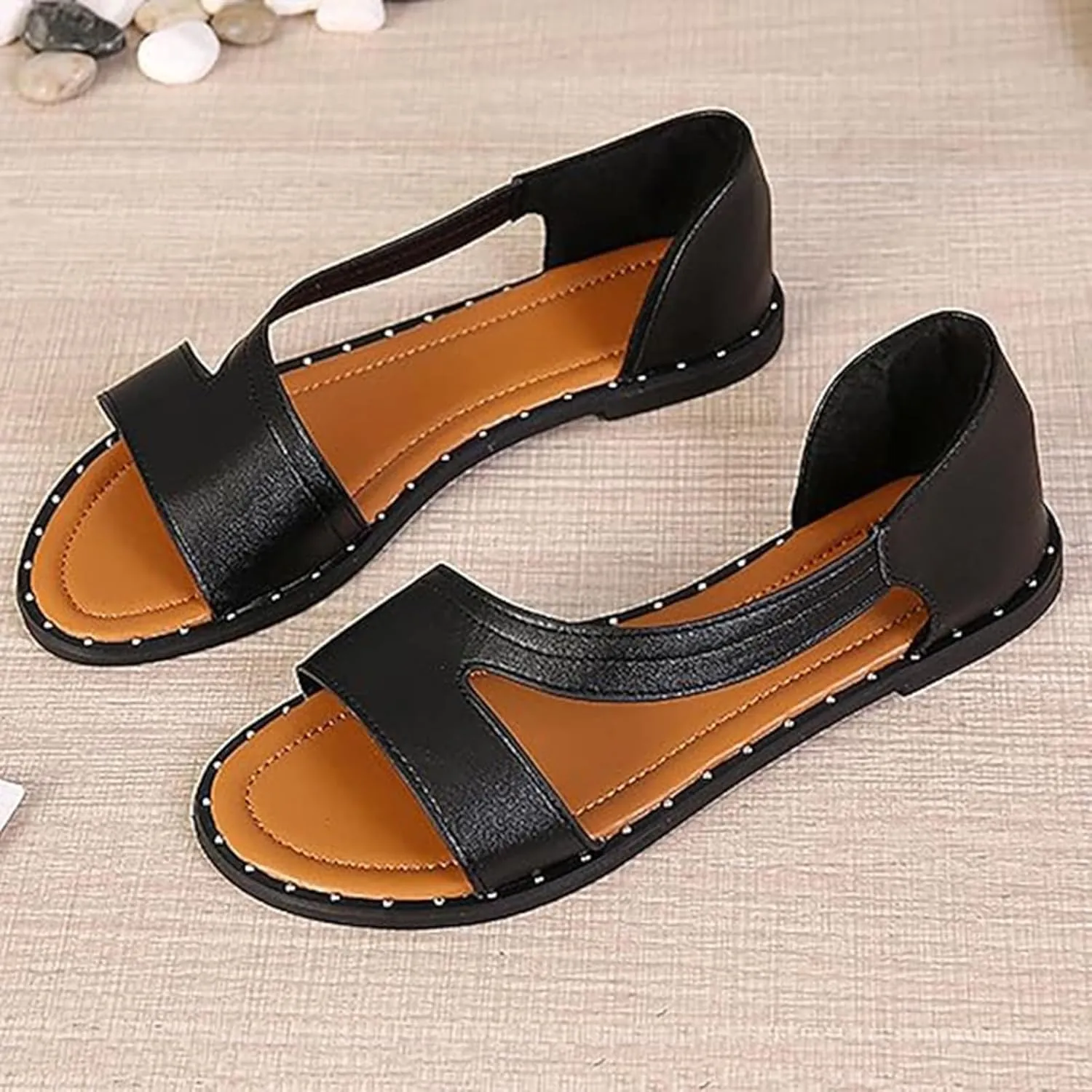 SuanlaTDS Women's Flat Sandals Dressy Low Heel Dress Beach Shoes 2025 Summer Bohemian Cutout Slip-on Open Toe Casual Comfortable Walking Slides Flip Flops Work Elegant Flats Sandal