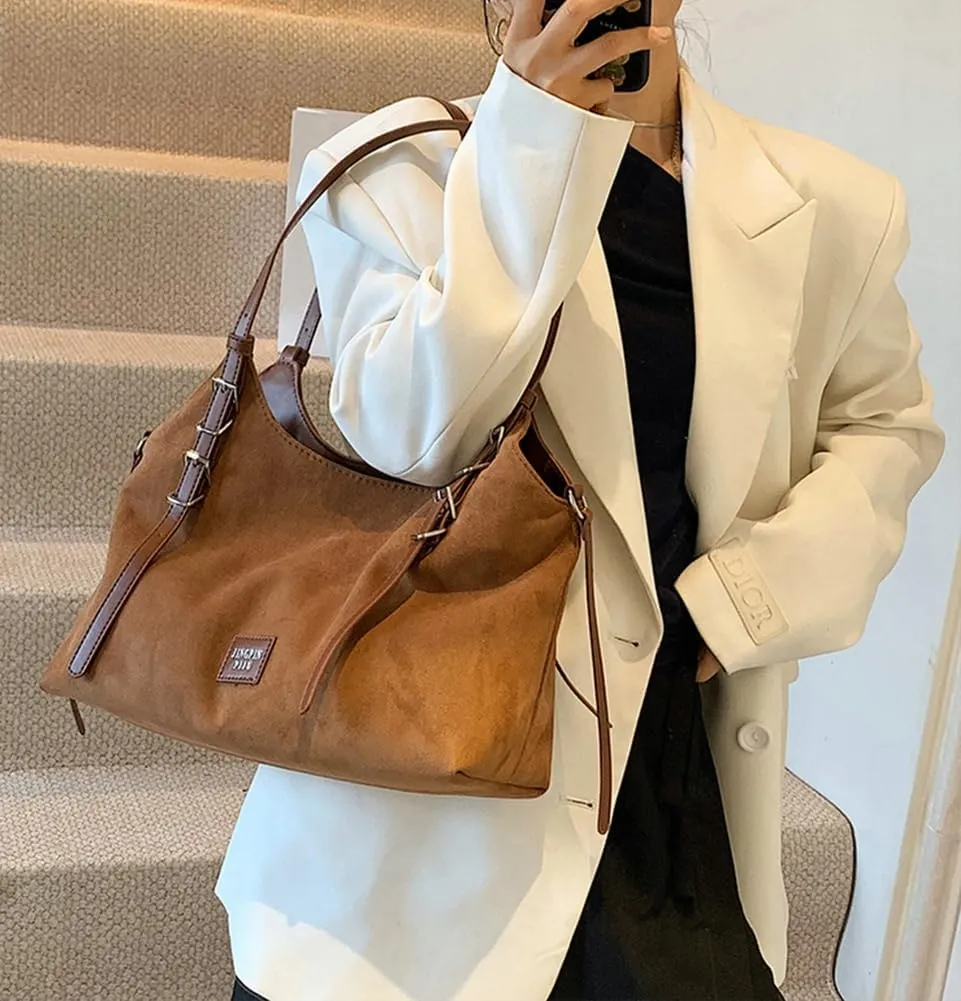 Suede Tote Bag for Women Vegan Leather Shoulder Slouchy Bag Suede Purse Satchel Bag Handbag Travel Office Handbag Fall