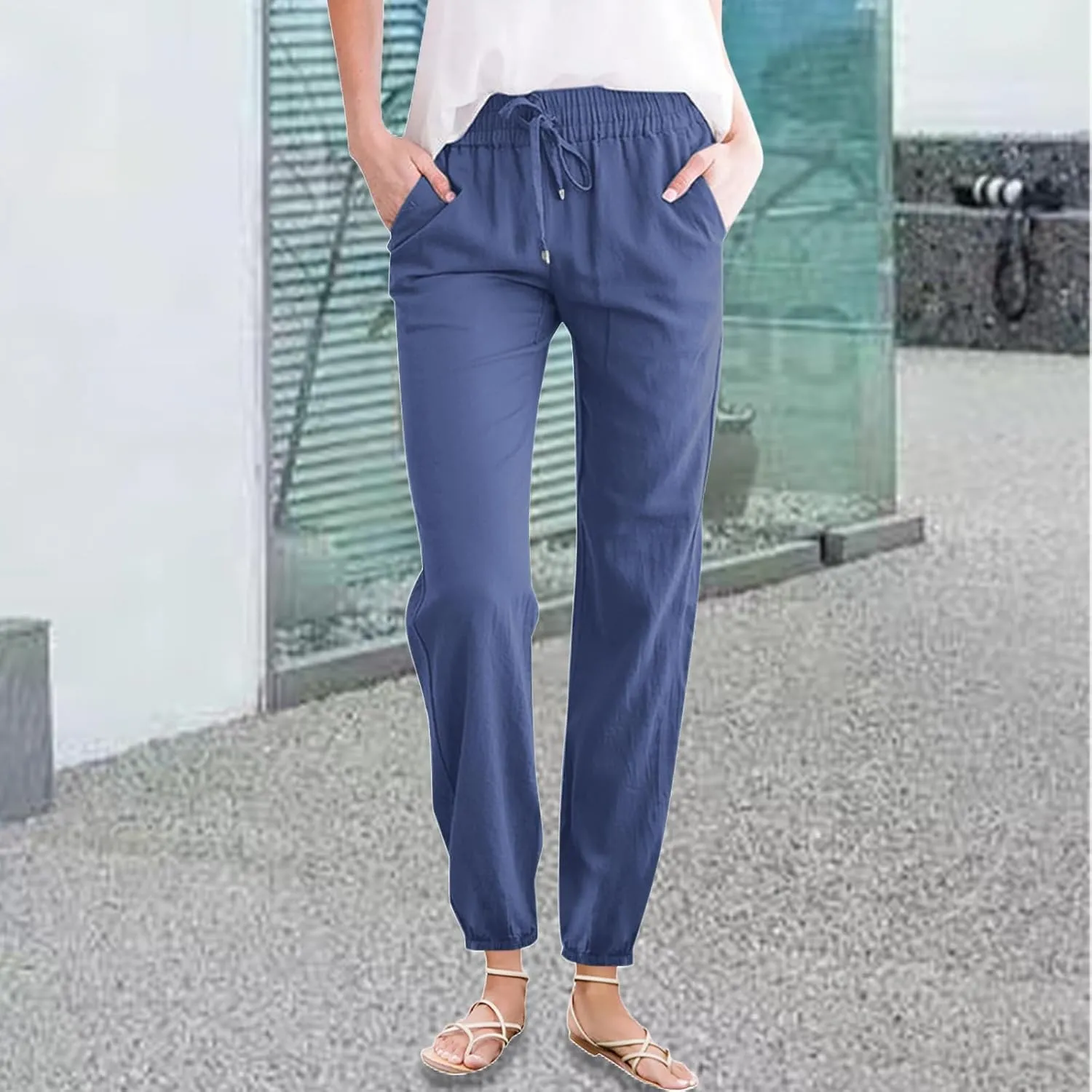 Summer Cotton Linen Pants for Women Drawstring High Waist Slim Straight Leg Pant Solid Color Harem Pants with Pockets