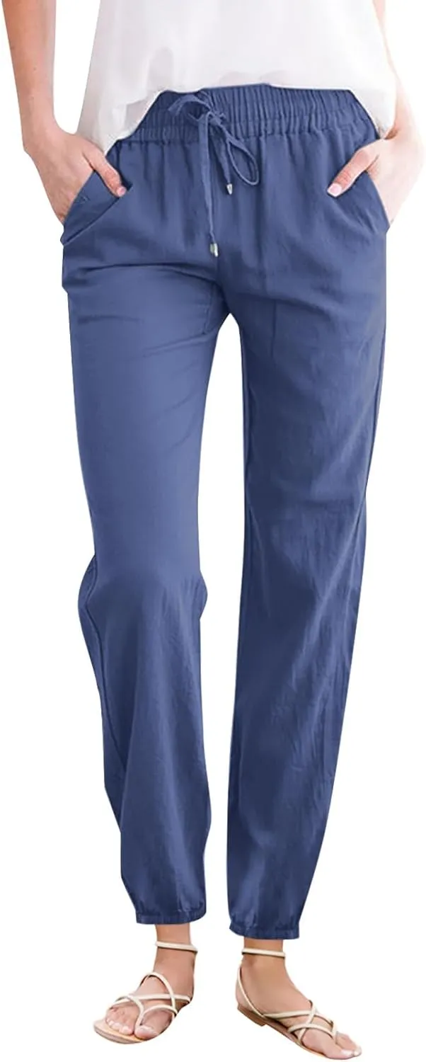 Summer Cotton Linen Pants for Women Drawstring High Waist Slim Straight Leg Pant Solid Color Harem Pants with Pockets