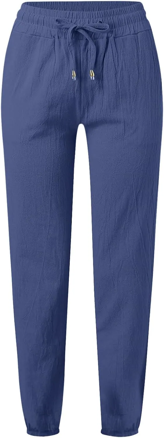 Summer Cotton Linen Pants for Women Drawstring High Waist Slim Straight Leg Pant Solid Color Harem Pants with Pockets