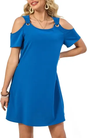 Summer Dresses for Women Casual Spaghetti Strap Off-Shoulder Short Sleeve Flowy Beach Sundress Vacation 2025