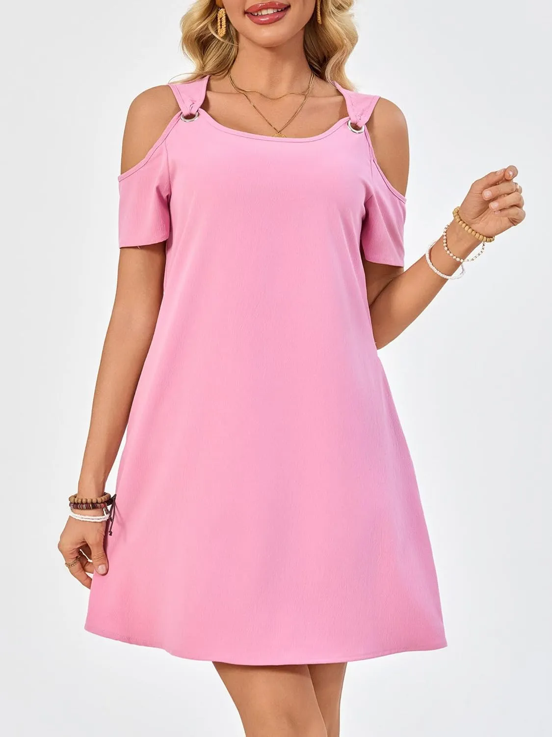 Summer Dresses for Women Casual Spaghetti Strap Off-Shoulder Short Sleeve Flowy Beach Sundress Vacation 2025