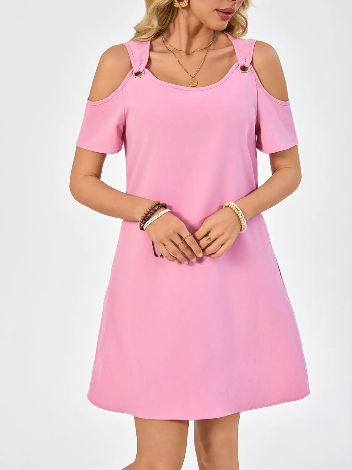 Summer Dresses for Women Casual Spaghetti Strap Off-Shoulder Short Sleeve Flowy Beach Sundress Vacation 2025