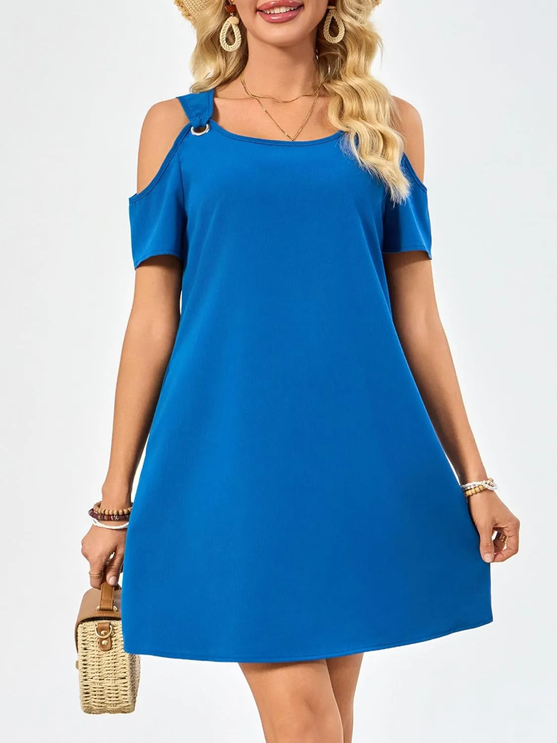 Summer Dresses for Women Casual Spaghetti Strap Off-Shoulder Short Sleeve Flowy Beach Sundress Vacation 2025