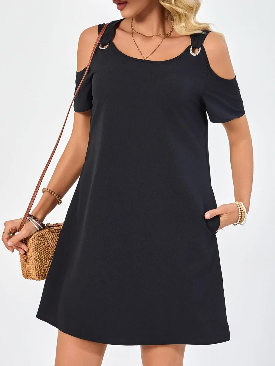 Summer Dresses for Women Casual Spaghetti Strap Off-Shoulder Short Sleeve Flowy Beach Sundress Vacation 2025