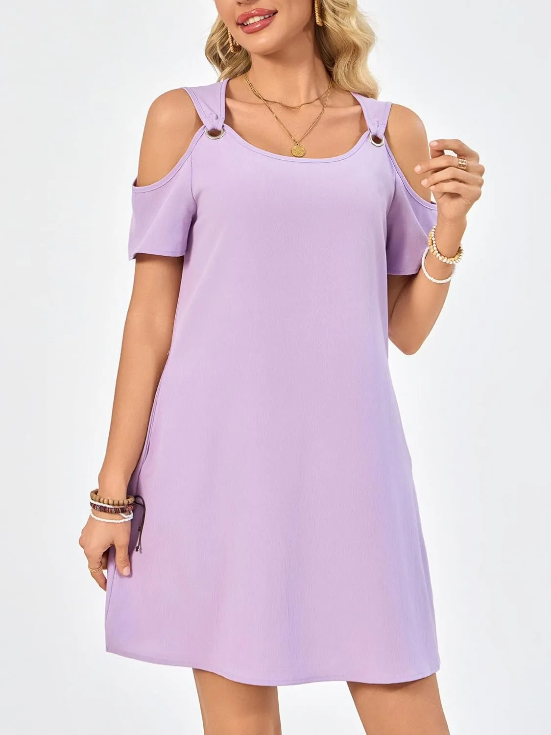 Summer Dresses for Women Casual Spaghetti Strap Off-Shoulder Short Sleeve Flowy Beach Sundress Vacation 2025