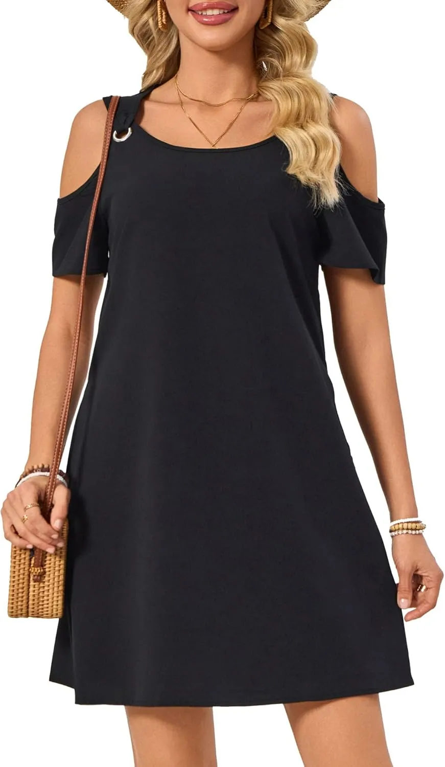 Summer Dresses for Women Casual Spaghetti Strap Off-Shoulder Short Sleeve Flowy Beach Sundress Vacation 2025