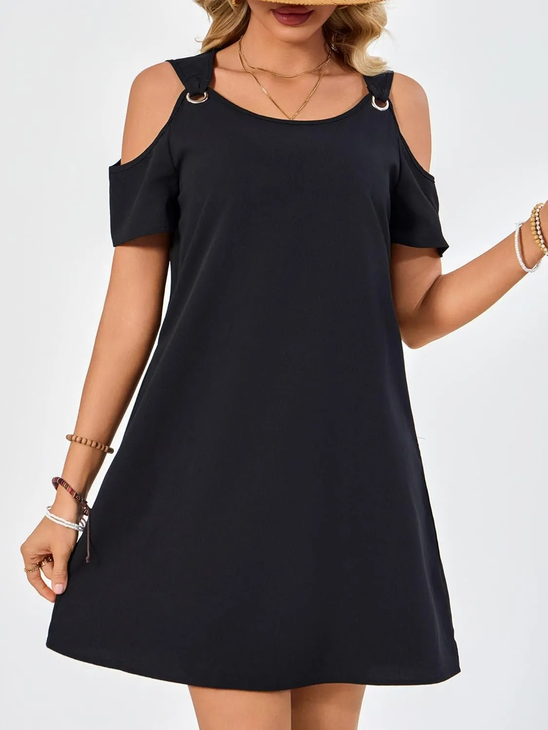 Summer Dresses for Women Casual Spaghetti Strap Off-Shoulder Short Sleeve Flowy Beach Sundress Vacation 2025