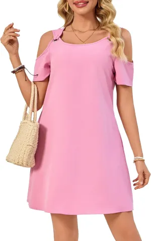 Summer Dresses for Women Casual Spaghetti Strap Off-Shoulder Short Sleeve Flowy Beach Sundress Vacation 2025