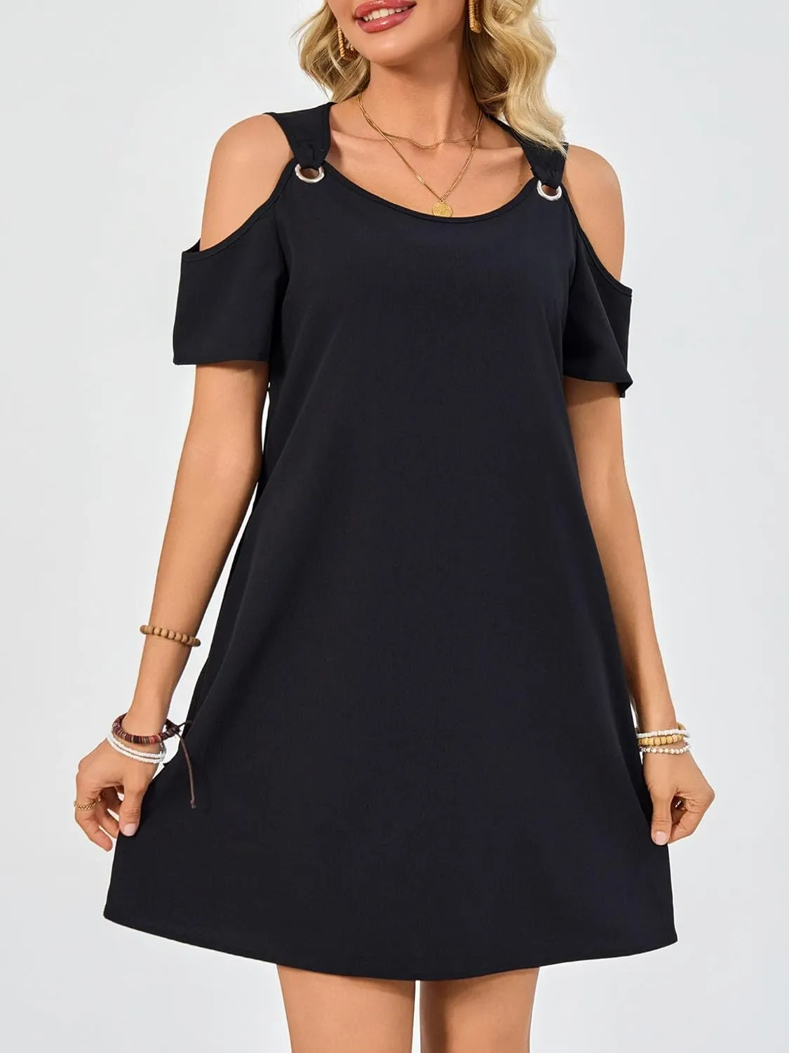 Summer Dresses for Women Casual Spaghetti Strap Off-Shoulder Short Sleeve Flowy Beach Sundress Vacation 2025