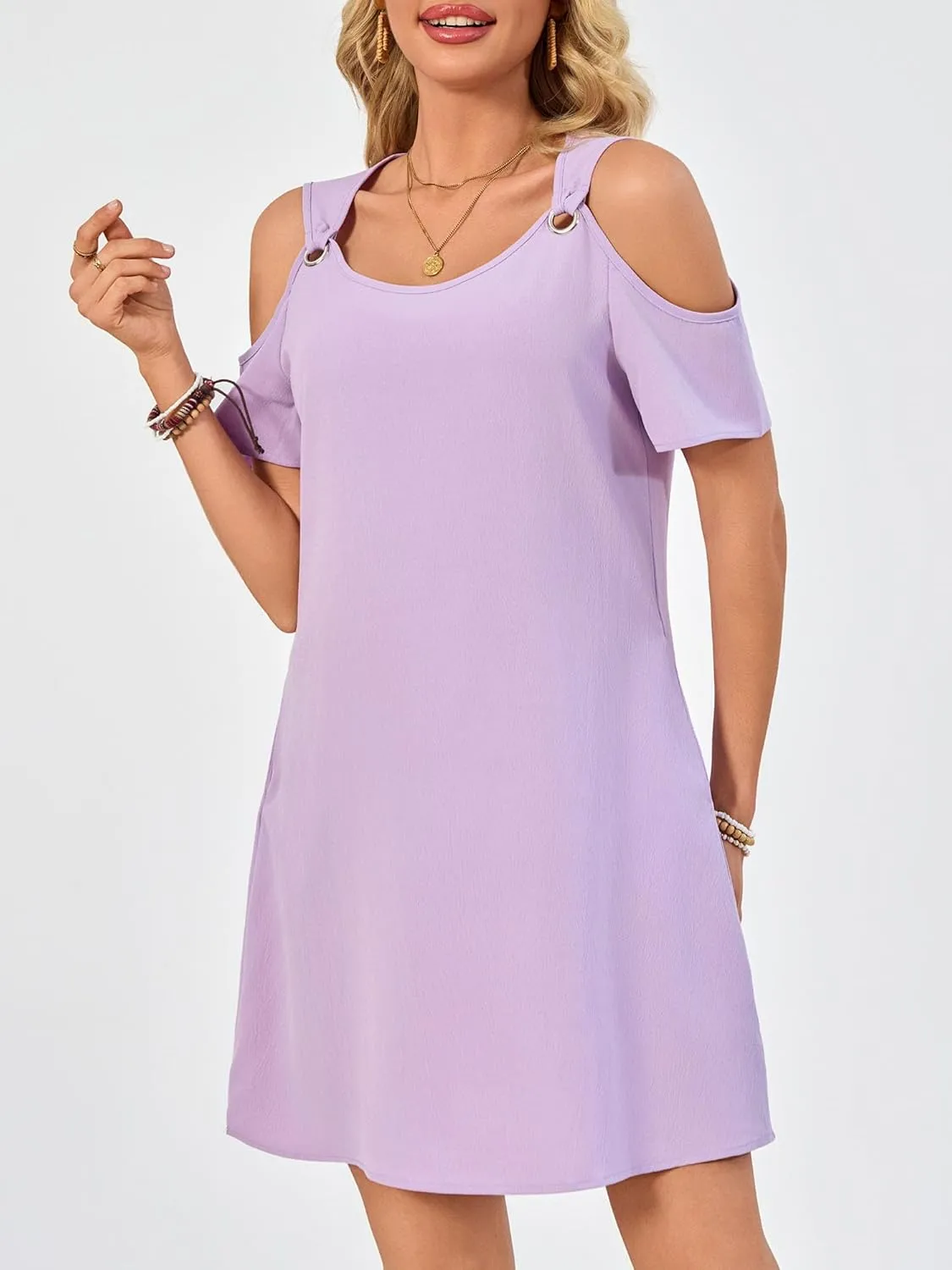 Summer Dresses for Women Casual Spaghetti Strap Off-Shoulder Short Sleeve Flowy Beach Sundress Vacation 2025