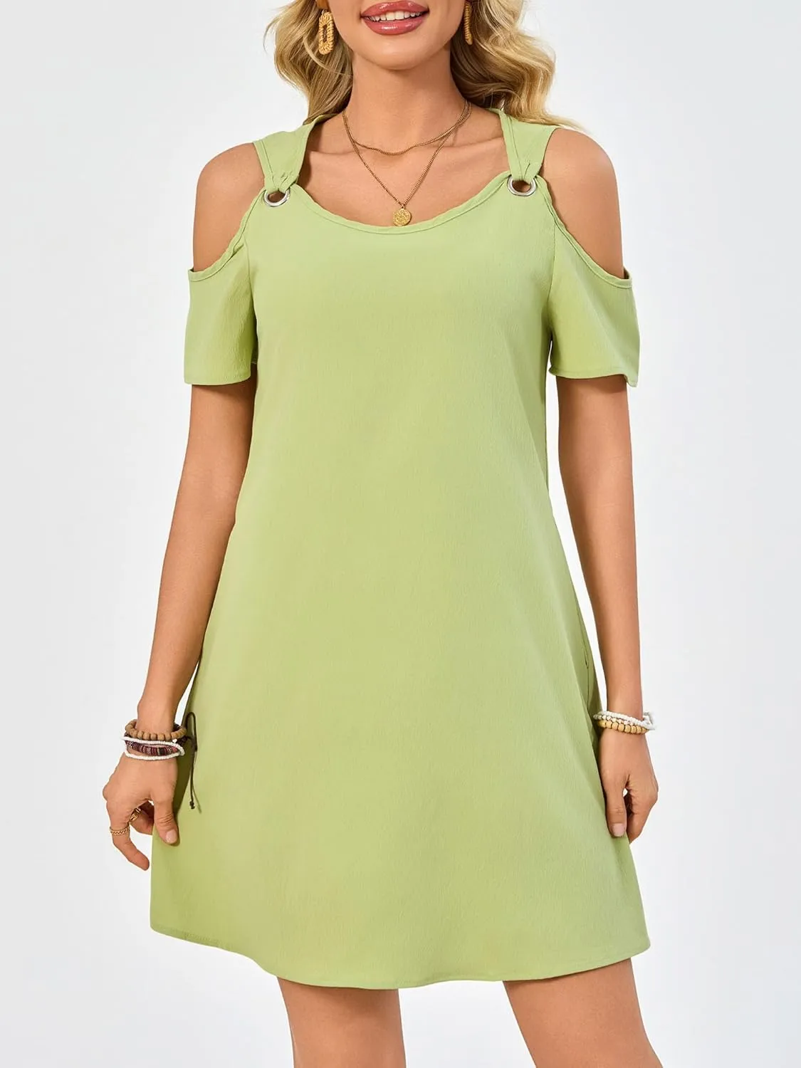 Summer Dresses for Women Casual Spaghetti Strap Off-Shoulder Short Sleeve Flowy Beach Sundress Vacation 2025