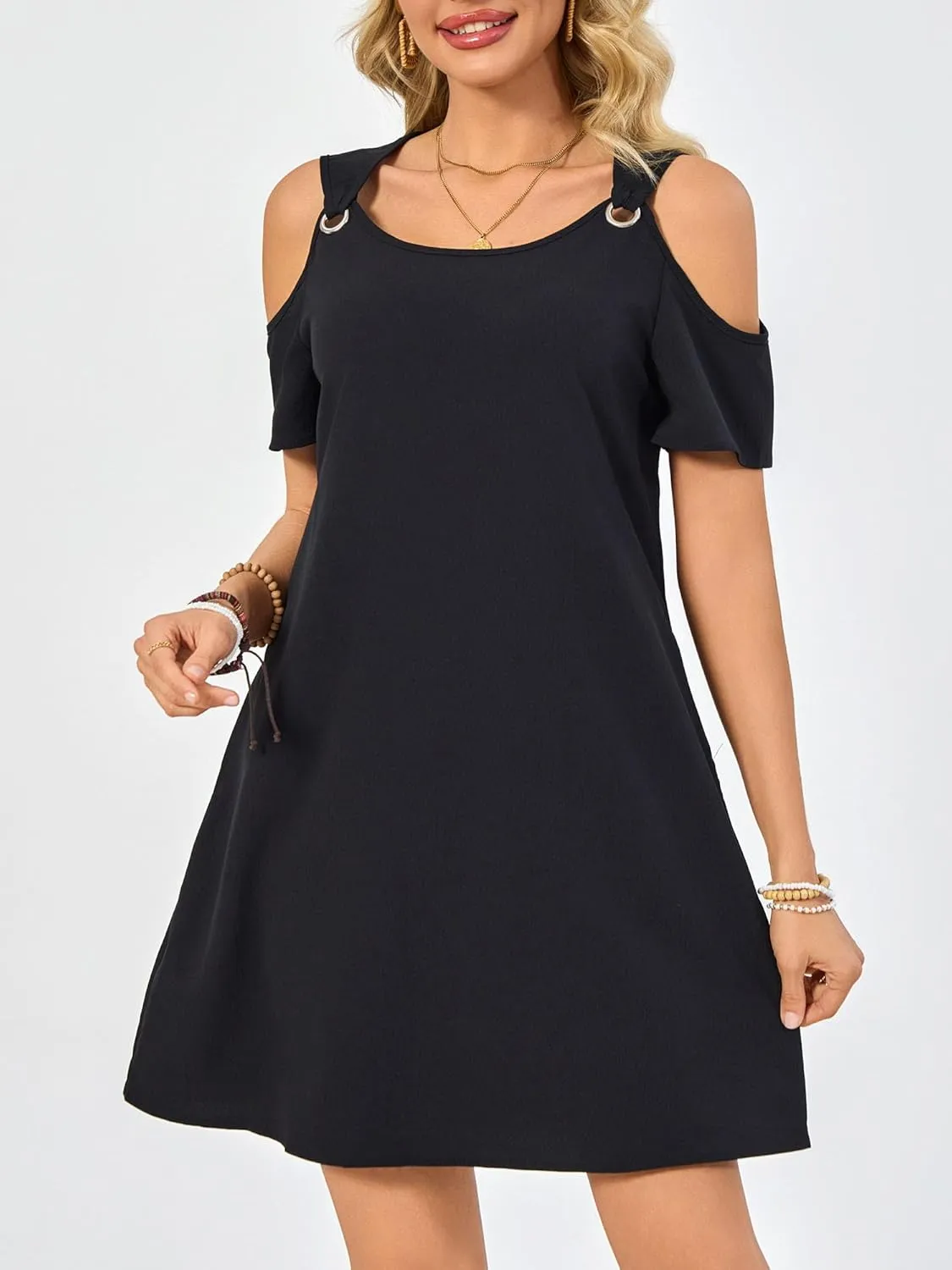 Summer Dresses for Women Casual Spaghetti Strap Off-Shoulder Short Sleeve Flowy Beach Sundress Vacation 2025