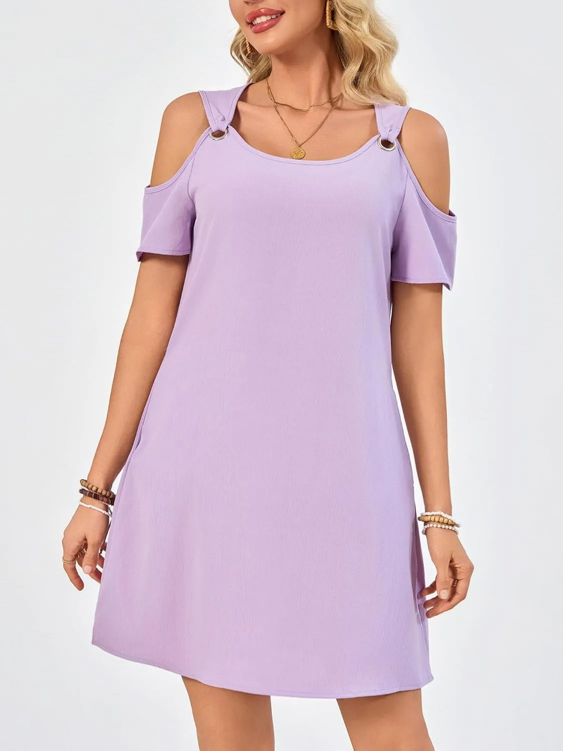 Summer Dresses for Women Casual Spaghetti Strap Off-Shoulder Short Sleeve Flowy Beach Sundress Vacation 2025