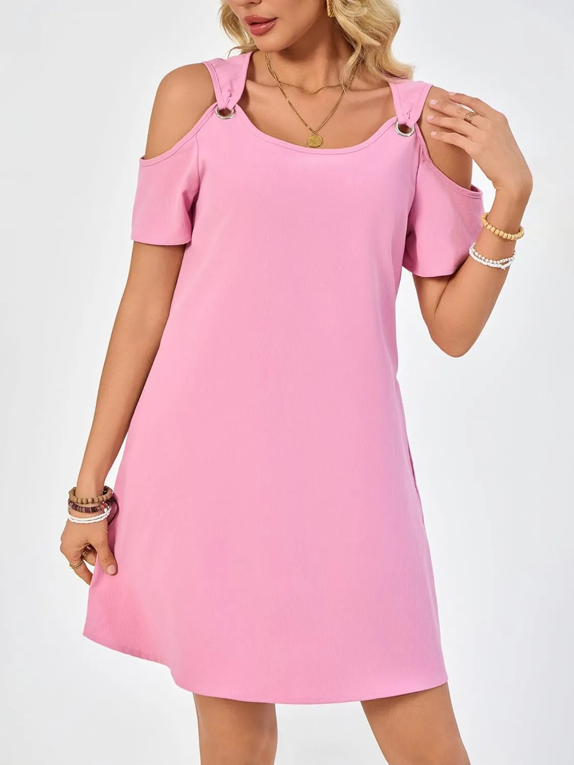 Summer Dresses for Women Casual Spaghetti Strap Off-Shoulder Short Sleeve Flowy Beach Sundress Vacation 2025