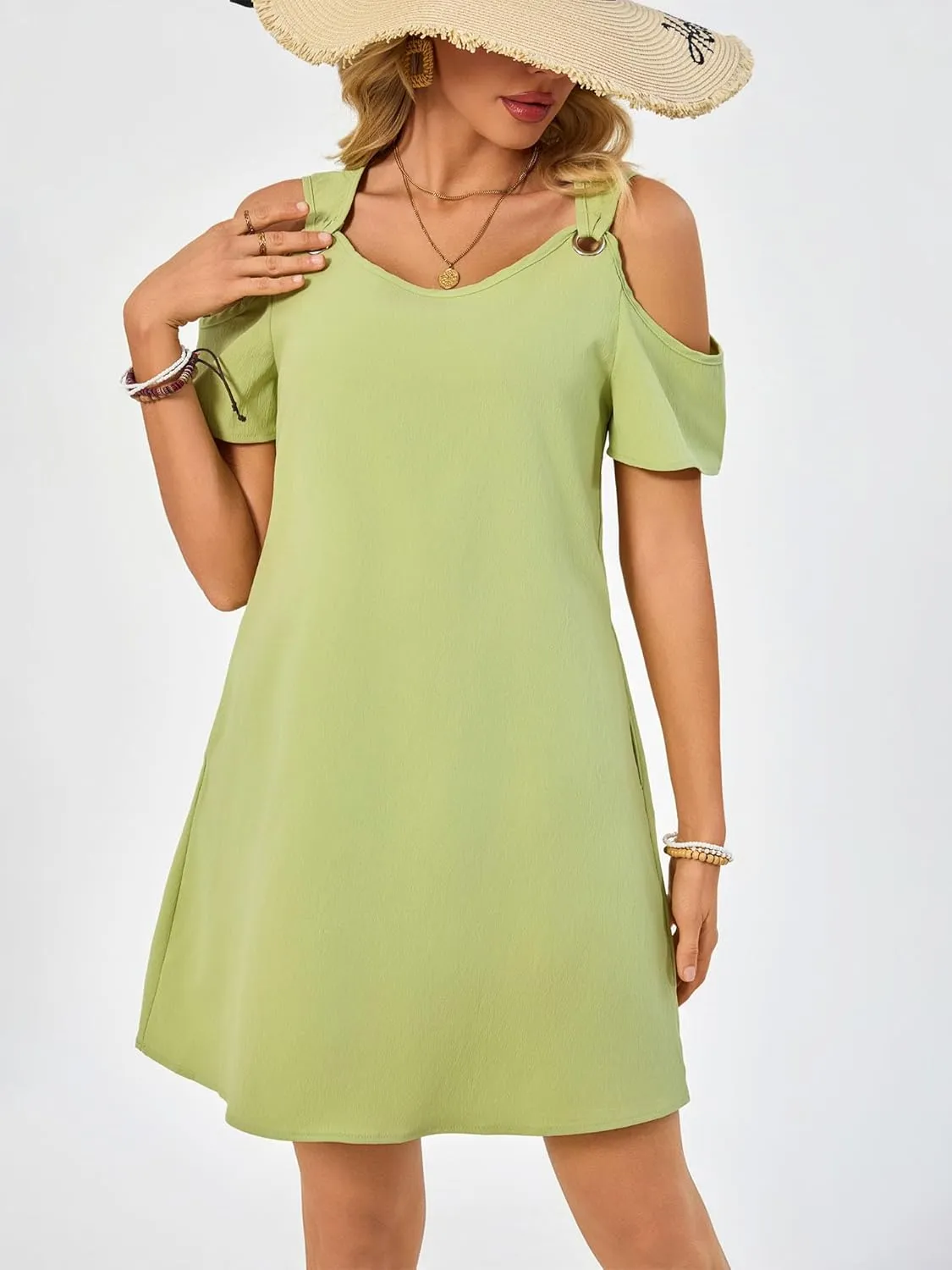 Summer Dresses for Women Casual Spaghetti Strap Off-Shoulder Short Sleeve Flowy Beach Sundress Vacation 2025