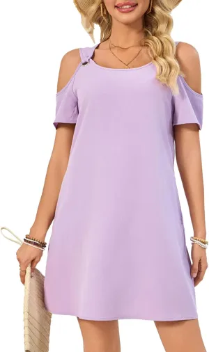 Summer Dresses for Women Casual Spaghetti Strap Off-Shoulder Short Sleeve Flowy Beach Sundress Vacation 2025