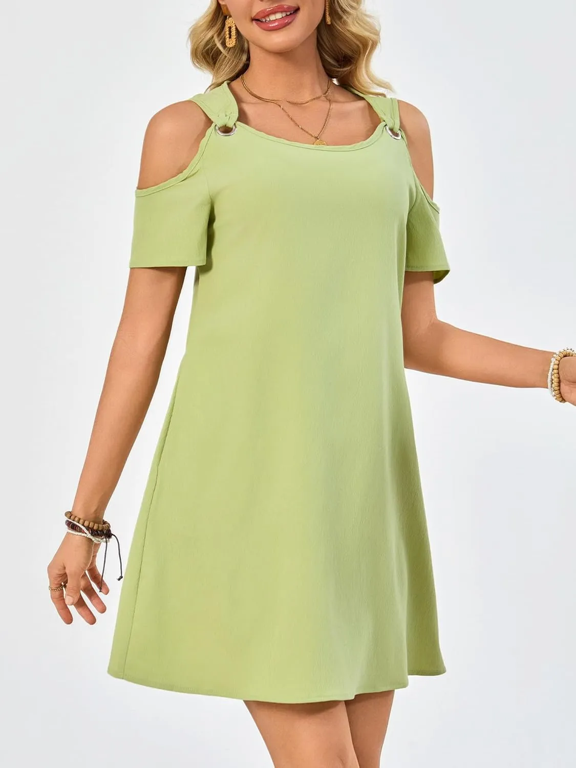 Summer Dresses for Women Casual Spaghetti Strap Off-Shoulder Short Sleeve Flowy Beach Sundress Vacation 2025