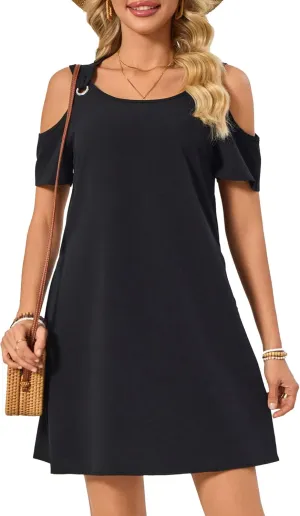 Summer Dresses for Women Casual Spaghetti Strap Off-Shoulder Short Sleeve Flowy Beach Sundress Vacation 2025