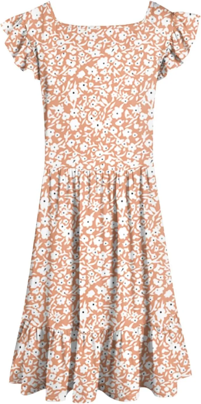 Summer Dresses for Women Casual Square Neck Ruffle Tiered Floral Sundress Boho Beach A Line Mini Dress with Pockets