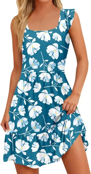 Summer Dresses for Women Casual Square Neck Ruffle Tiered Floral Sundress Boho Beach A Line Mini Dress with Pockets