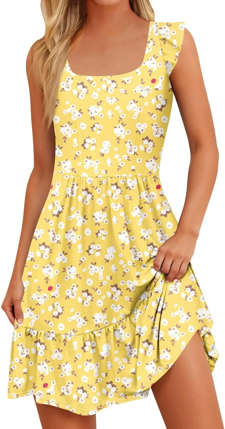 Summer Dresses for Women Casual Square Neck Ruffle Tiered Floral Sundress Boho Beach A Line Mini Dress with Pockets