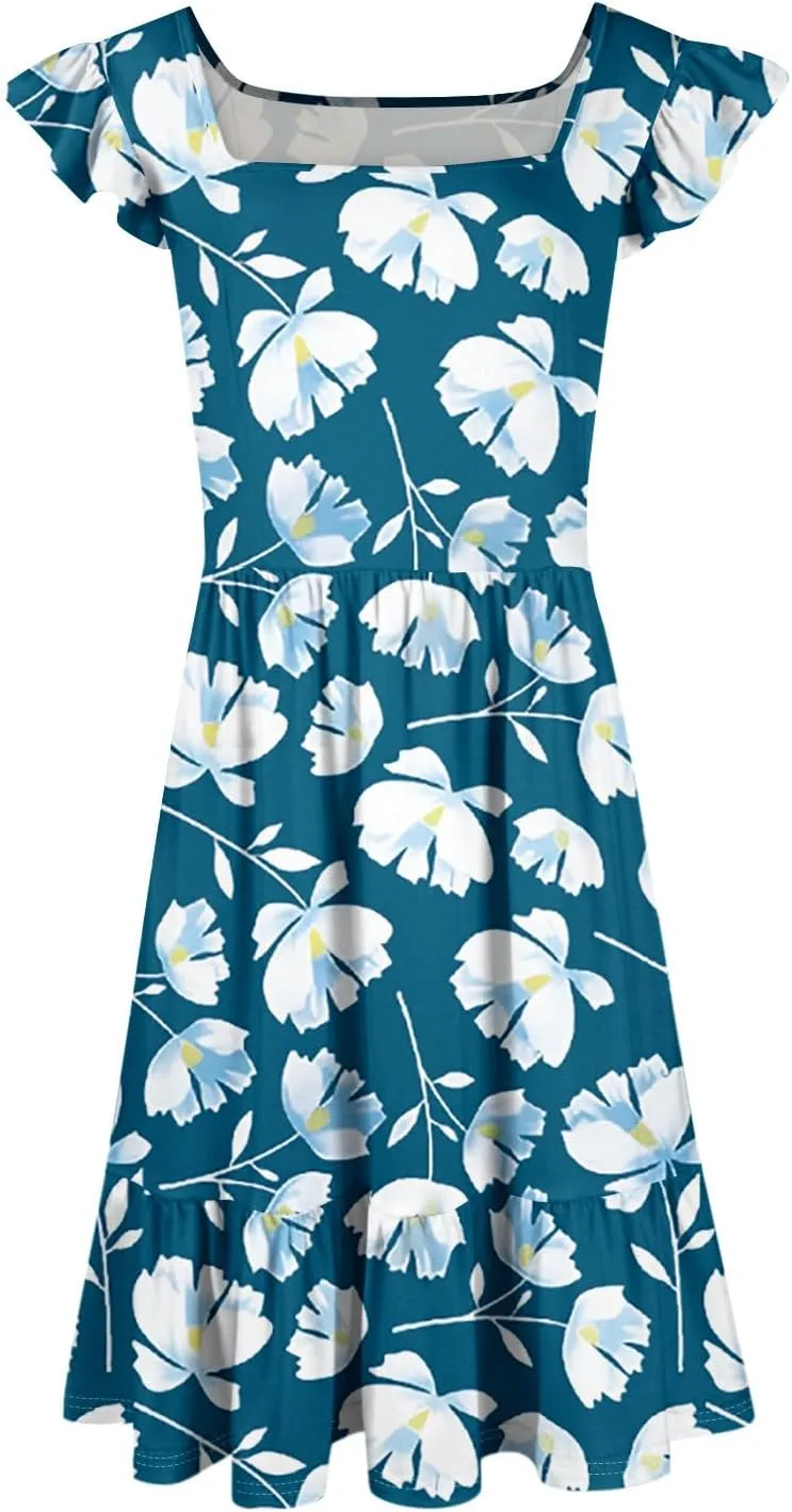 Summer Dresses for Women Casual Square Neck Ruffle Tiered Floral Sundress Boho Beach A Line Mini Dress with Pockets